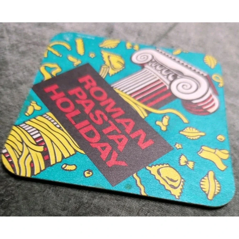 Vintage Paper Restaurant Coaster Roman‎ Pasta Holiday 80s 90s Teal Red Black